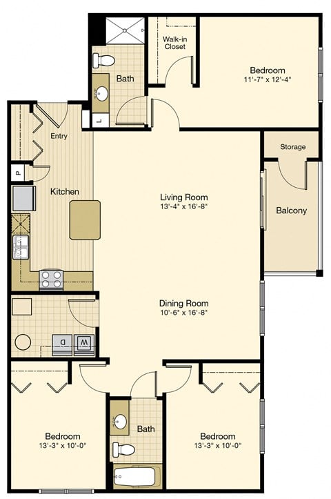 Floor plan for 3 beds, 2 baths, 1444 sqft